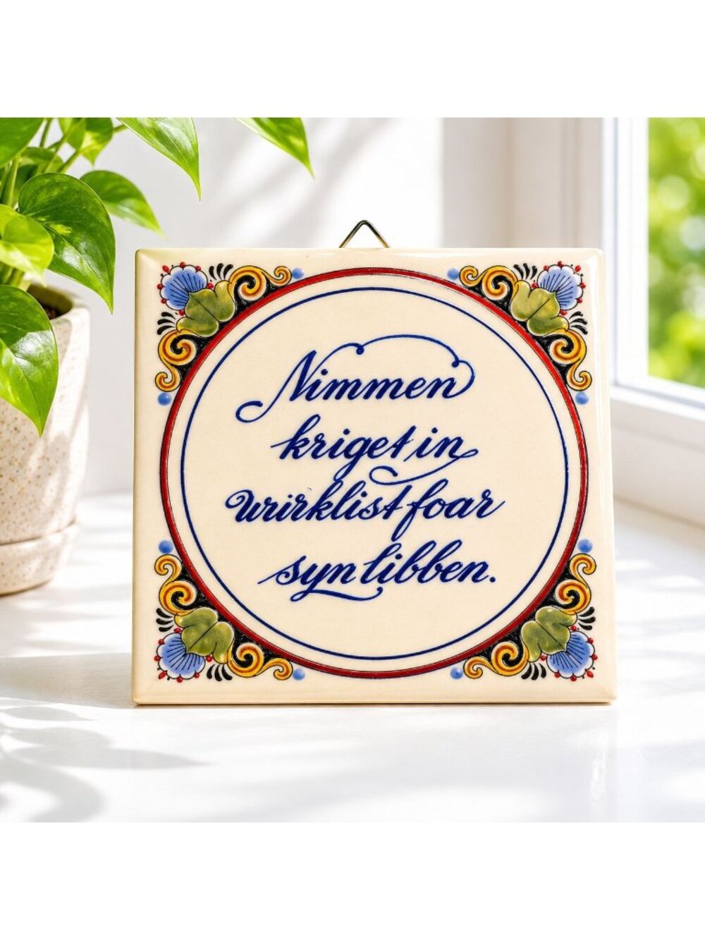 Vintage Scandinavian Ceramic Wall Plaque Norwegian Folk Art Tile Blue Calligraph